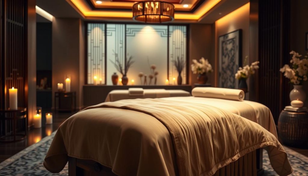 An exquisitely rendered scene showcasing the luxurious ambiance of a high-end massage parlor. The foreground features an elegantly appointed massage table draped in soft, plush linens, inviting the viewer to imagine the soothing touch of skilled hands. The middle ground showcases a serene and tranquil atmosphere, with dimmed lighting, candlelight, and the gentle fragrance of essential oils permeating the air. The background reveals a tastefully decorated space, with subtle Asian-inspired accents and a calming color palette that evokes a sense of relaxation and well-being. The overall composition conveys a mood of exclusivity, indulgence, and the promise of a truly exceptional massage experience.