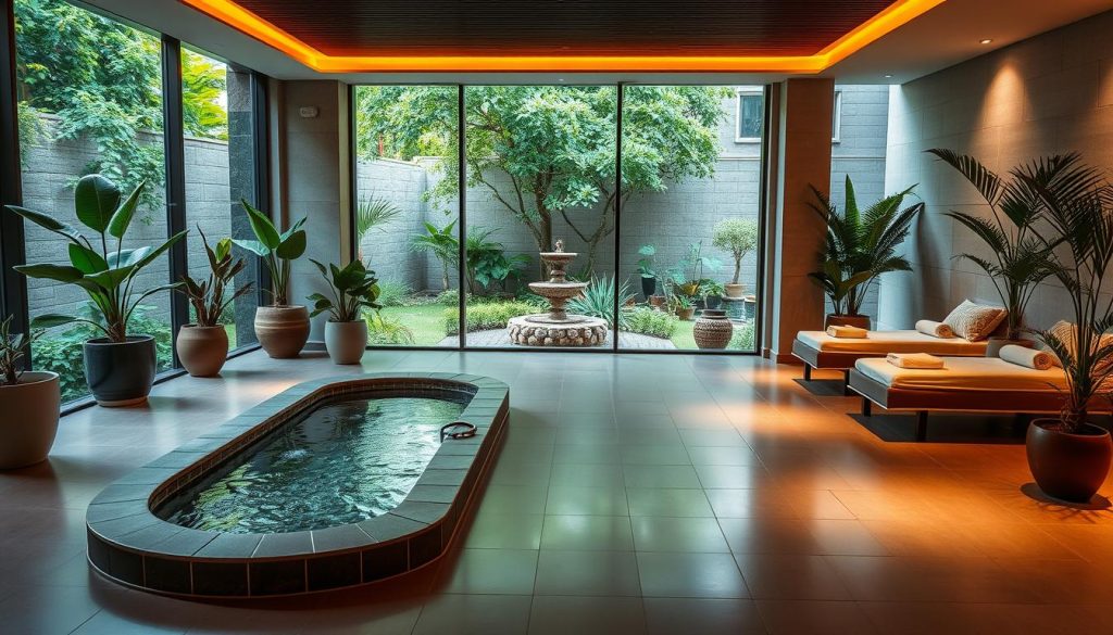 Serene wellness center in Kadıköy Fikirtepe, featuring a tranquil indoor spa with warm lighting, sleek tile floors, and lush potted plants. Large windows offer views of a peaceful garden, with a stone fountain surrounded by calming greenery. The spa offers a variety of holistic treatments, from soothing massages to invigorating sauna sessions, all designed to promote total relaxation and rejuvenation. The atmosphere is one of modern luxury and natural harmony, creating an oasis of wellness in the heart of the city.