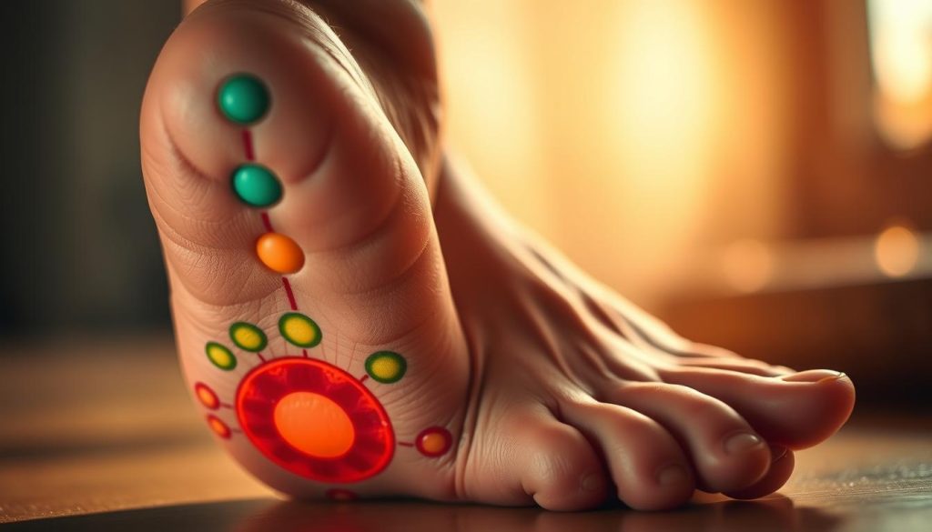A close-up view of a foot with intricate patterns and colored circles representing the reflexology and healing points on the soles. The image is captured with a high-resolution, macro lens in soft, warm lighting, creating a soothing and serene atmosphere. The foot is positioned prominently in the center, with a blurred, out-of-focus background to emphasize the details and textures of the reflexology points. The image conveys a sense of balance, wellness, and the holistic approach to self-care and transformation.