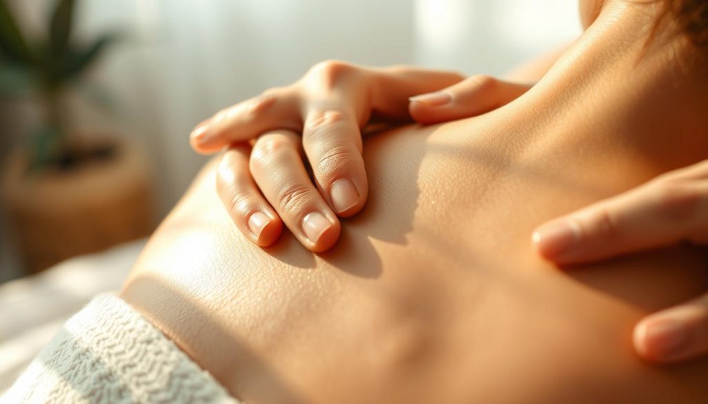 A close-up view of a person's hands gently massaging the lymph nodes on the neck and upper chest area. The massage strokes are smooth and flowing, with a light, soothing pressure. The scene is captured in natural, warm lighting, creating a calming, therapeutic atmosphere. The skin tones are lifelike, and the scene has a sense of tranquility and wellness. The background is blurred, keeping the focus on the massage technique. The composition emphasizes the importance of lymphatic drainage and the benefits of this type of targeted massage. A close-up view of a person's hands gently massaging the lymph nodes on the neck and upper chest area. The massage strokes are smooth and flowing, with a light, soothing pressure. The scene is captured in natural, warm lighting, creating a calming, therapeutic atmosphere. The skin tones are lifelike, and the scene has a sense of tranquility and wellness. The background is blurred, keeping the focus on the massage technique. The composition emphasizes the importance of lymphatic drainage and the benefits of this type of targeted massage.