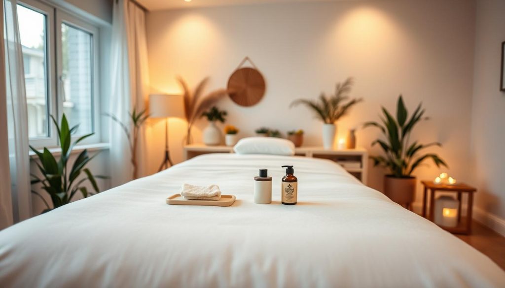 A cozy and serene home interior with a plush massage table set up in the foreground. Soft, warm lighting illuminates the space, creating a calming atmosphere. The table is adorned with crisp, white linens and a selection of massage oils and tools neatly arranged nearby. Potted plants and minimal, natural decor elements accent the tranquil scene, evoking a sense of relaxation and rejuvenation. The angle showcases the inviting setup, encouraging the viewer to envision the comfort and convenience of an in-home massage experience. A cozy and serene home interior with a plush massage table set up in the foreground. Soft, warm lighting illuminates the space, creating a calming atmosphere. The table is adorned with crisp, white linens and a selection of massage oils and tools neatly arranged nearby. Potted plants and minimal, natural decor elements accent the tranquil scene, evoking a sense of relaxation and rejuvenation. The angle showcases the inviting setup, encouraging the viewer to envision the comfort and convenience of an in-home massage experience.