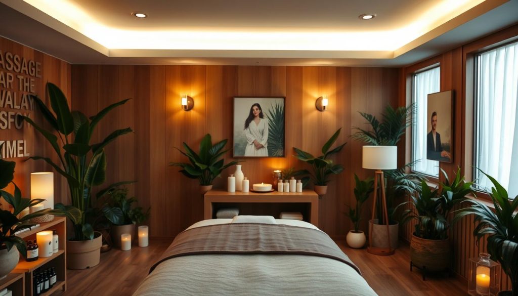 A cozy and serene massage therapy studio in Istanbul, Turkey. The interior is filled with warm, earthy tones, with soft lighting and natural wood accents. In the foreground, a massage table is positioned, ready to provide a rejuvenating experience. The middle ground showcases various massage oils, scented candles, and soothing aromatherapy diffusers. In the background, lush plants and calming artwork adorn the walls, creating a tranquil ambiance. The lighting is gentle, with a mix of natural sunlight filtering through large windows and strategically placed lamps, casting a peaceful glow throughout the space. The overall atmosphere is one of relaxation, wellness, and the nurturing of the body and mind.