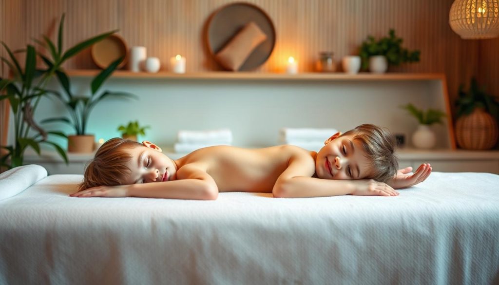 A cozy and serene spa-inspired scene set in a serene Istanbul studio, with a young child relaxing on a massage table, surrounded by soft lighting, calming decor, and gentle touches of green foliage. The child's expression is one of tranquility, with a focus on the therapeutic elements of the space, conveying the idea of "Children's Massage: Family-Friendly Spa Centers in Istanbul". The image should evoke a sense of relaxation, care, and the availability of specialized services for children in a comfortable, nurturing environment.