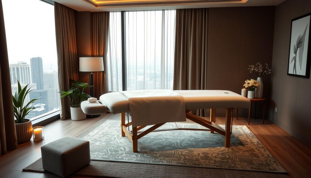 A cozy, dimly lit hotel room, with plush bedding and soft lighting creating a soothing atmosphere. In the foreground, a high-quality massage table stands invitingly, its crisp white linens and ergonomic design suggesting a luxurious experience. Surrounding the table, elegant decor elements such as potted plants, candles, and a calming color palette evoke a sense of tranquility. In the background, a large window offers a glimpse of the city skyline, adding depth and a subtle urban touch to the scene. The overall impression is one of a high-end, professional massage service tailored to the comfort and relaxation of the client, whether in the privacy of their own home or the elegant setting of a premium hotel.