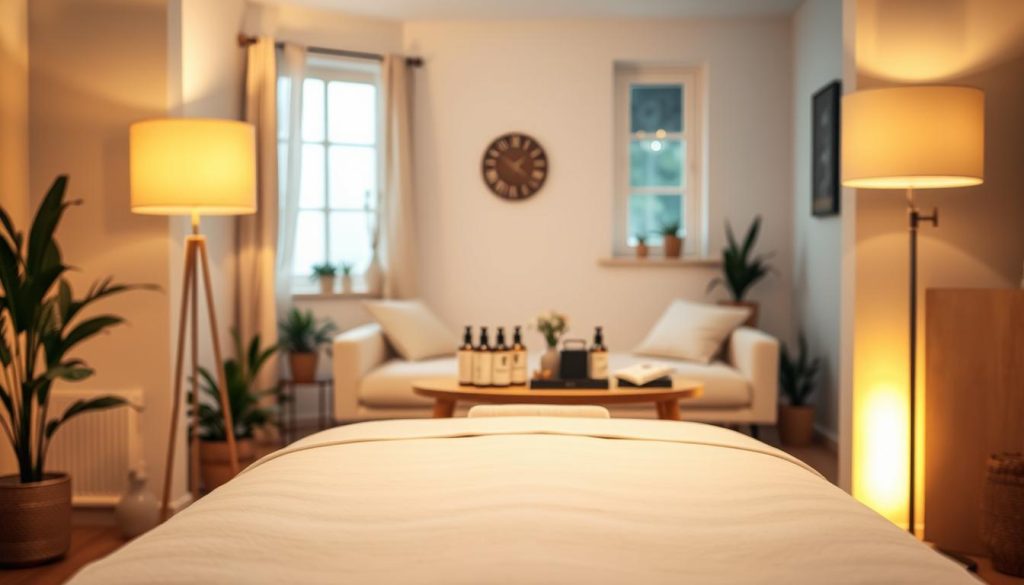 A cozy home interior with a massage table set up in the foreground, soft lighting from floor lamps casting a warm glow. In the middle ground, medical massage tools and oils neatly arranged on a side table. The background depicts a serene, calming atmosphere with minimalist decor, potted plants, and a window providing natural light. The scene conveys a sense of relaxation and comfort, inviting the viewer to experience the convenience and benefits of in-home medical massage services. A cozy home interior with a massage table set up in the foreground, soft lighting from floor lamps casting a warm glow. In the middle ground, medical massage tools and oils neatly arranged on a side table. The background depicts a serene, calming atmosphere with minimalist decor, potted plants, and a window providing natural light. The scene conveys a sense of relaxation and comfort, inviting the viewer to experience the convenience and benefits of in-home medical massage services.