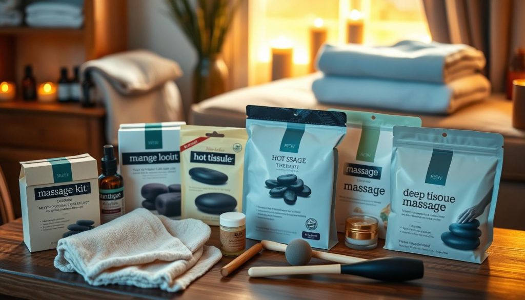 A cozy home setting with a variety of massage packages and tools neatly arranged on a wooden table. The scene is bathed in warm, soft lighting, creating a calming and inviting atmosphere. In the background, plush towels, essential oils, and aromatherapy candles suggest a spa-like experience. The focus is on the diverse array of massage options, from hot stone therapy to deep tissue massages, presented in beautifully packaged kits, hinting at the indulgent and restorative treatments available for an in-home pampering session.