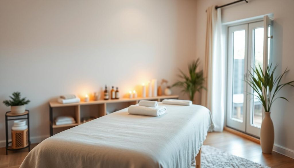 A cozy, well-lit home interior with a plush massage table positioned prominently. Soft, warm lighting casts a soothing glow, creating a tranquil, spa-like ambiance. Neatly arranged massage oils, towels, and candles adorn the space, suggesting the comforts of a professional massage experience. The room's clean, minimalist design and neutral color palette evoke a sense of relaxation and rejuvenation. An open window allows natural light to filter in, heightening the serene, restorative atmosphere. A serene, blurred background blends harmoniously, keeping the focus on the massage setup and its inviting, therapeutic presence.