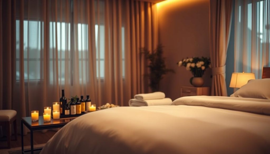 A dimly lit bedroom with warm, golden lighting creating a cozy, relaxing atmosphere. On a low table, an array of massage oils, candles, and plush towels are neatly arranged. In the foreground, a luxurious, oversized bed with crisp, white linens invites the viewer to imagine a tranquil, restorative night-time massage session. The scene is captured with a shallow depth of field, emphasizing the sensual, intimate details. The overall mood is one of tranquility, self-care, and the rejuvenating power of touch.