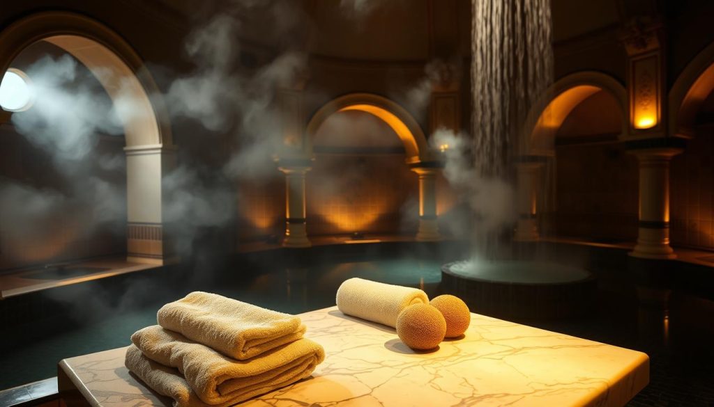 A dimly lit traditional Turkish bath, the steam-filled Hamam Rahatlama, illuminated by warm, soft lighting. In the foreground, a marble slab with plush towels and natural sponges, inviting the visitor to indulge in a soothing massage. The middle ground features intricate tile patterns and arched alcoves, casting gentle shadows across the scene. The background showcases the Hamam's vaulted ceilings and ornate architectural details, evoking a sense of timeless elegance and tranquility. The atmosphere is calming, with a hint of aromatic oils and the gentle sound of flowing water, creating a harmonious fusion of the Hamam and massage experience.