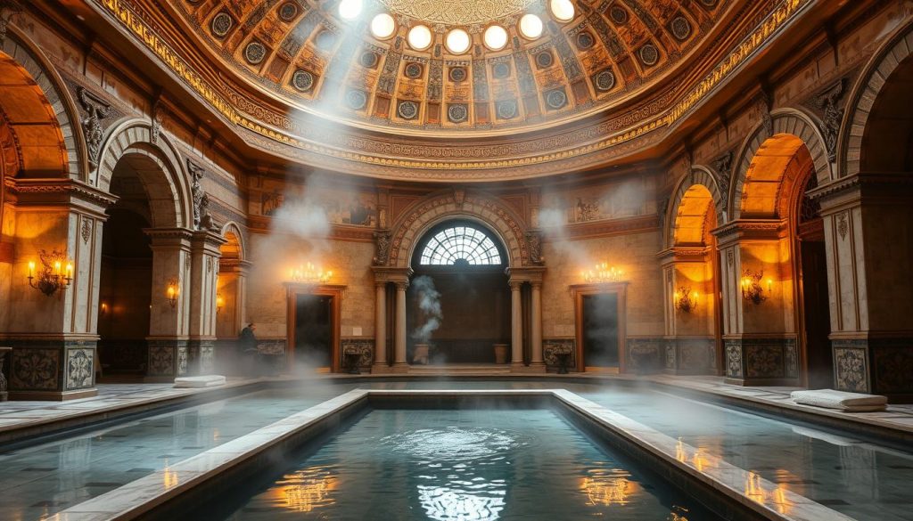 A grand Ottoman-era Turkish bath, its majestic domed architecture bathed in warm, ambient light. Ornate tile work and intricate arched entryways frame the scene, evoking a timeless elegance. Steam gently billows, creating a serene, rejuvenating atmosphere. Polished marble surfaces and plush fabrics suggest a luxurious, spa-like experience. The space exudes a sense of history, tradition, and the restorative power of this centuries-old ritual. A tranquil, immersive setting that transports the viewer to the heart of Istanbul's cultural heritage. A grand Ottoman-era Turkish bath, its majestic domed architecture bathed in warm, ambient light. Ornate tile work and intricate arched entryways frame the scene, evoking a timeless elegance. Steam gently billows, creating a serene, rejuvenating atmosphere. Polished marble surfaces and plush fabrics suggest a luxurious, spa-like experience. The space exudes a sense of history, tradition, and the restorative power of this centuries-old ritual. A tranquil, immersive setting that transports the viewer to the heart of Istanbul's cultural heritage.