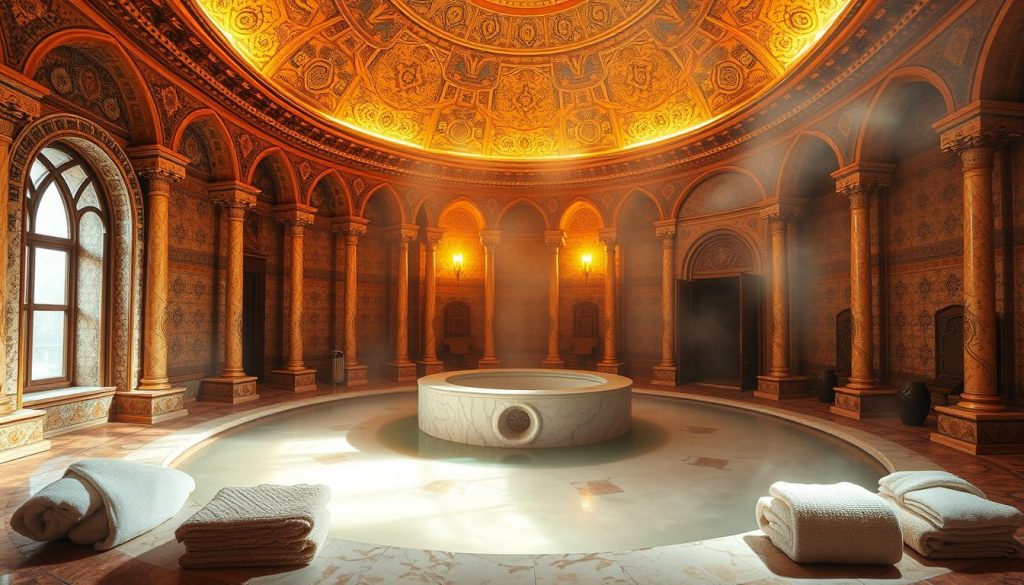 A lavish Turkish hammam nestled in the heart of Istanbul, bathed in warm, golden light. Intricate tile work adorns the domed ceilings, casting mesmerizing patterns across the steamy air. Plush towels and aromatic oils await, promising a transformative spa experience. In the center, a grand marble basin reflects the ornate architecture, inviting visitors to immerse themselves in the centuries-old traditions of Turkish bathing culture. Soft, diffused lighting creates a serene, rejuvenating atmosphere, transporting the senses to a timeless realm of relaxation and wellness.
