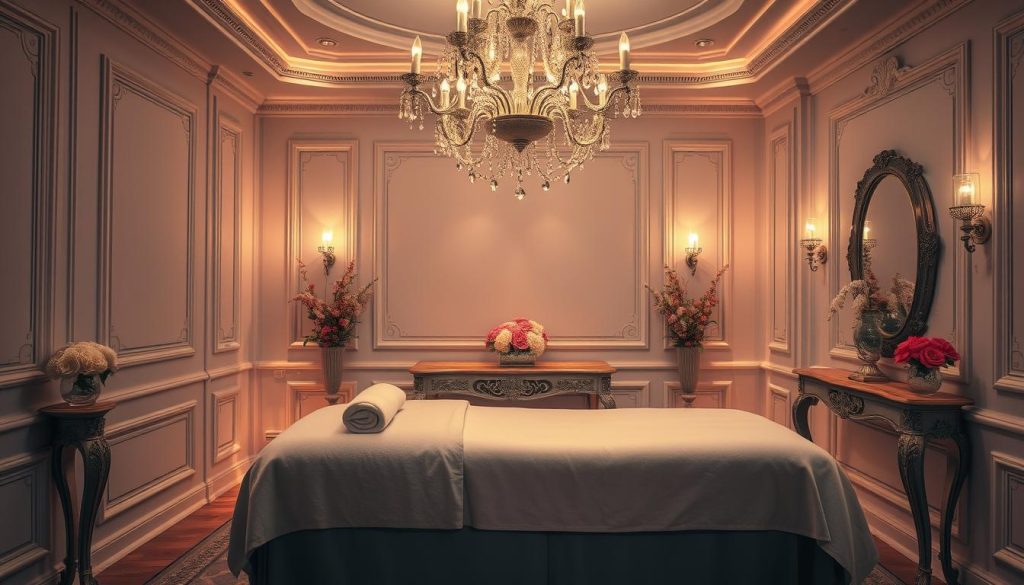 A lavishly appointed VIP massage suite in Istanbul, featuring a plush, oversized chaise lounge positioned beneath a crystal chandelier. Soft, ambient lighting casts a warm, soothing glow, while delicate floral arrangements and ornate moldings create an air of sophisticated opulence. The massage table is draped in high-thread-count linens, awaiting the skilled touch of a professional masseuse. The scene exudes an atmosphere of tranquility, privacy, and discreet luxury, perfectly suited for an exclusive, indulgent VIP massage experience.