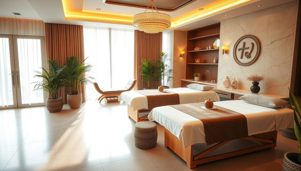 A luxurious and serene Tuzla Masaj Salonu, bathed in warm, soft lighting. The elegant interior features plush, inviting massage tables surrounded by soothing decor, natural textures, and potted plants that create a calming, spa-like ambiance. Diffused light filters through large windows, casting a gentle glow over the tranquil space. The scene evokes a sense of relaxation and rejuvenation, perfectly capturing the essence of the premium massage and spa experience awaiting visitors in Tuzla.