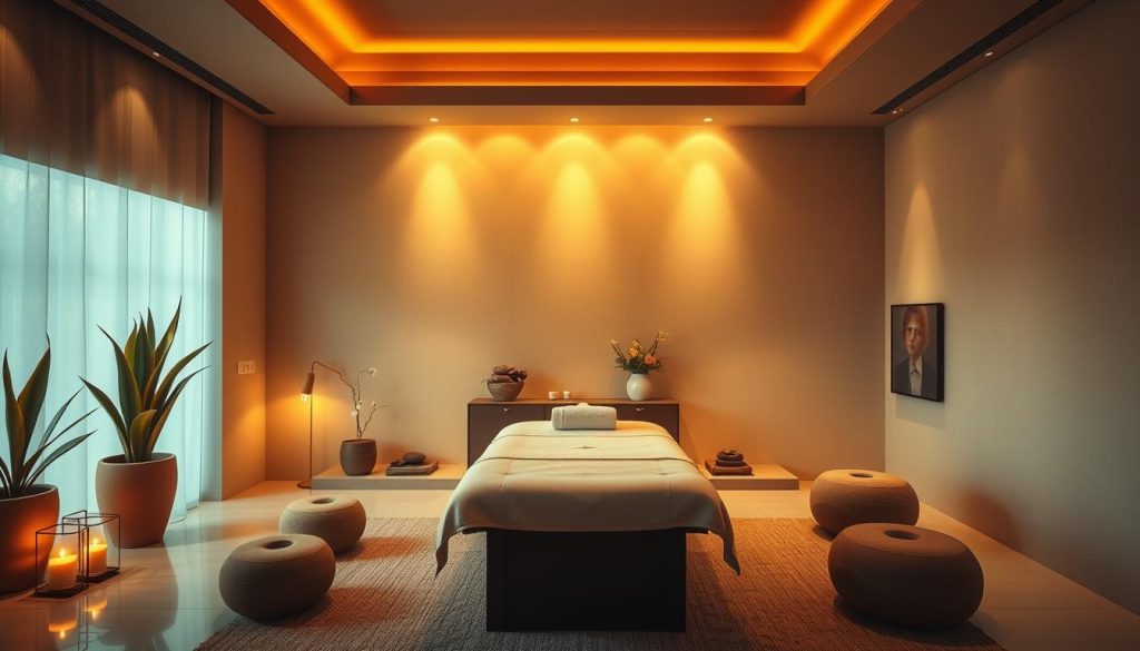 A luxurious and serene interior of a high-end massage parlor called Nirvana Butik Masaj. The space is bathed in warm, diffused lighting, creating a calming ambiance. Plush, earth-toned furnishings and natural elements like potted plants and smooth stones decorate the minimalist yet elegant design. Soft, muted colors and clean lines contribute to an atmosphere of tranquility and relaxation. The centerpiece is a stylish massage table, inviting visitors to indulge in the professional services offered. An overall sense of harmony and rejuvenation pervades the scene, reflecting the premium massage experience available at Nirvana Butik Masaj.