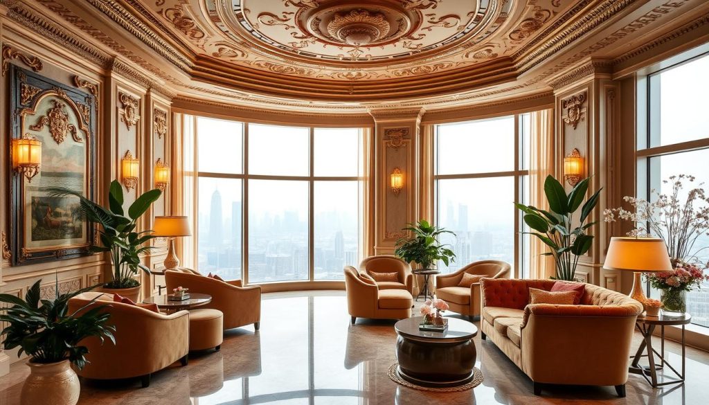 A luxurious and serene spa retreat at The Peninsula Spa and Wellness Center. The opulent interior features ornate, gilded ceilings and intricate wall decor, creating an atmosphere of lavish tranquility. Plush, velvet armchairs and couches invite guests to sink in and indulge in the ultimate relaxation. Soft, warm lighting casts a gentle glow, while large windows offer picturesque views of the city skyline. Lush, potted plants and delicate floral arrangements add a touch of natural elegance. The space exudes an air of sophisticated relaxation, perfectly suited for a luxury wellness experience. A luxurious and serene spa retreat at The Peninsula Spa and Wellness Center. The opulent interior features ornate, gilded ceilings and intricate wall decor, creating an atmosphere of lavish tranquility. Plush, velvet armchairs and couches invite guests to sink in and indulge in the ultimate relaxation. Soft, warm lighting casts a gentle glow, while large windows offer picturesque views of the city skyline. Lush, potted plants and delicate floral arrangements add a touch of natural elegance. The space exudes an air of sophisticated relaxation, perfectly suited for a luxury wellness experience.