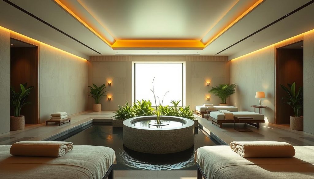 A luxurious and serene spa sanctuary nestled in the heart of Istanbul, Qualia SPA & Wellness Therapy exudes a tranquil ambiance. The interior features a harmonious blend of natural materials, soft lighting, and soothing pastel tones, creating a calming atmosphere. A central water feature, surrounded by lush greenery, acts as a focal point, inviting visitors to unwind and rejuvenate. Elegant treatment rooms with plush furnishings and state-of-the-art equipment offer personalized therapeutic experiences, from restorative massages to holistic wellness rituals. Sunlight filters through large windows, casting a warm glow and accentuating the serene, minimalist design. The overall scene evokes a sense of mindfulness and well-being, reflecting Qualia's commitment to redefining health and relaxation in Istanbul.