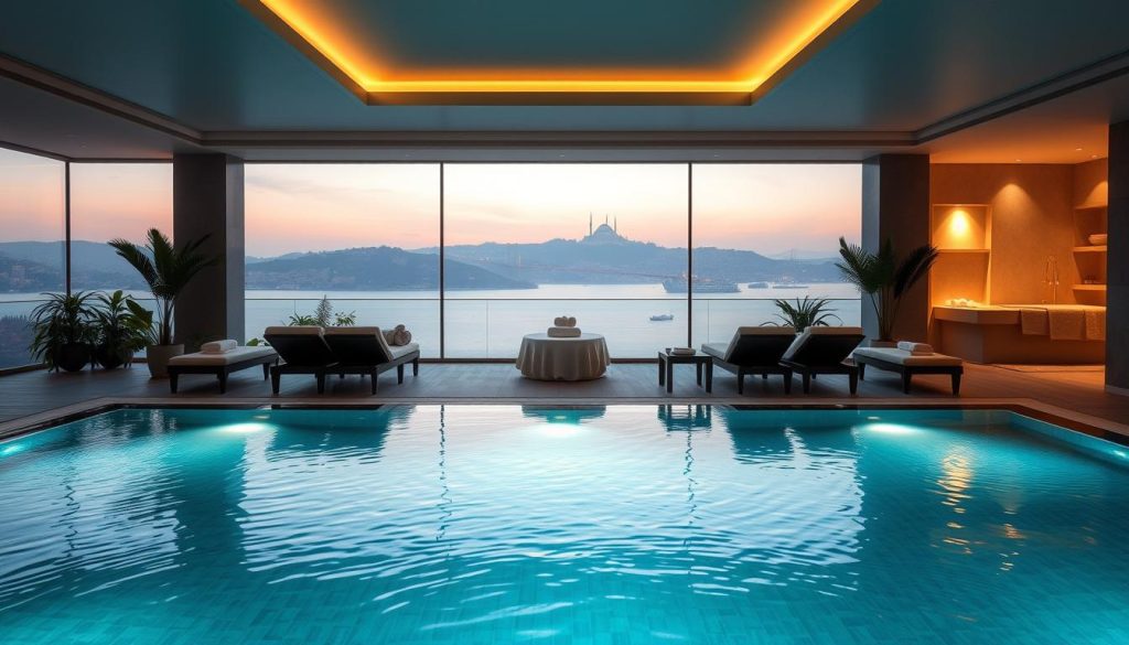 A luxurious spa experience in Istanbul, with a tranquil atmosphere and serene lighting. The foreground showcases an inviting indoor pool, surrounded by plush lounge chairs and lush greenery. The middle ground features a cozy massage room, with soft lighting and soothing textures. The background depicts a panoramic view of the Bosphorus Strait, with the iconic silhouette of the city's landmarks in the distance. The overall mood is one of rejuvenation, relaxation, and a harmonious blend of nature, beauty, and well-being. A luxurious spa experience in Istanbul, with a tranquil atmosphere and serene lighting. The foreground showcases an inviting indoor pool, surrounded by plush lounge chairs and lush greenery. The middle ground features a cozy massage room, with soft lighting and soothing textures. The background depicts a panoramic view of the Bosphorus Strait, with the iconic silhouette of the city's landmarks in the distance. The overall mood is one of rejuvenation, relaxation, and a harmonious blend of nature, beauty, and well-being.
