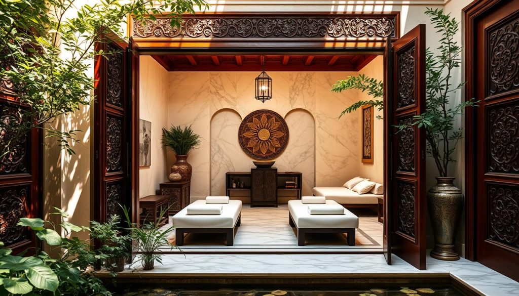 A luxurious spa oasis, Chi The Spa Istanbul, nestled in a serene, sun-dappled courtyard. Ornate, carved wooden doors open to reveal a tranquil, marble-clad interior, illuminated by soft, ambient lighting. Lush, verdant foliage and ornate, decorative vases accent the space, creating an atmosphere of refined elegance. Plush, comfortable daybeds and massage tables await, ready to provide a pampering, indulgent experience. Intricate, traditional Turkish motifs adorn the walls, transporting visitors to a realm of opulence and relaxation. Warm, earthy tones and the gentle sound of flowing water contribute to the calming, rejuvenating ambiance, inviting guests to indulge in the spa's exclusive, bespoke rituals.