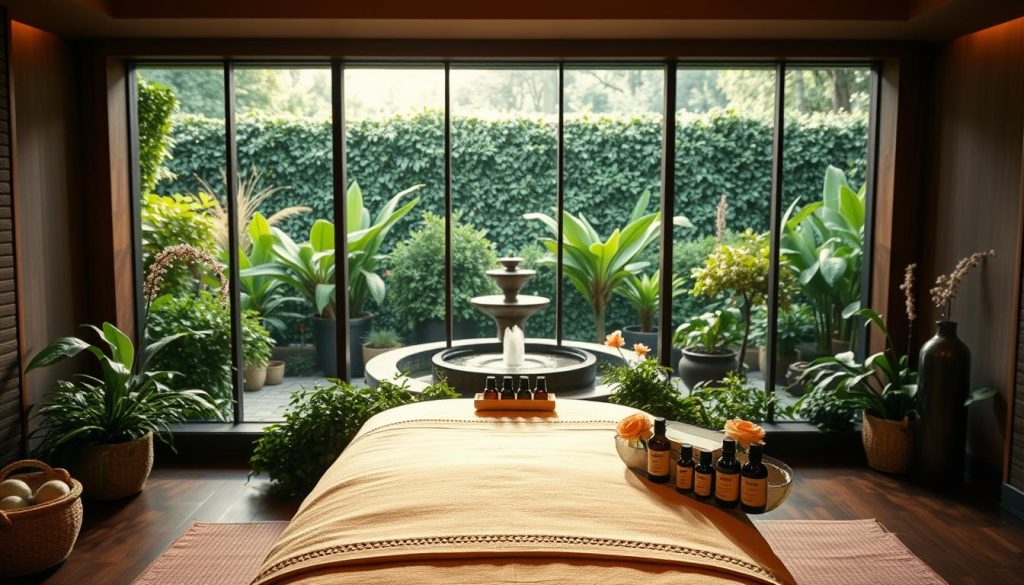 A peaceful and serene spa setting, bathed in warm, soft lighting. In the foreground, a beautifully crafted wooden massage table, adorned with crisp white linens and a selection of essential oil bottles. Surrounding the table, lush greenery and delicate floral arrangements, creating a calming, natural ambiance. The middle ground features a tranquil water feature, its gentle sounds complementing the aroma-filled air. In the background, a wall of floor-to-ceiling windows, allowing natural light to filter in and offering a serene view of a lush, verdant garden. The overall mood is one of relaxation, rejuvenation, and a journey into the soothing world of aromatherapy massage.