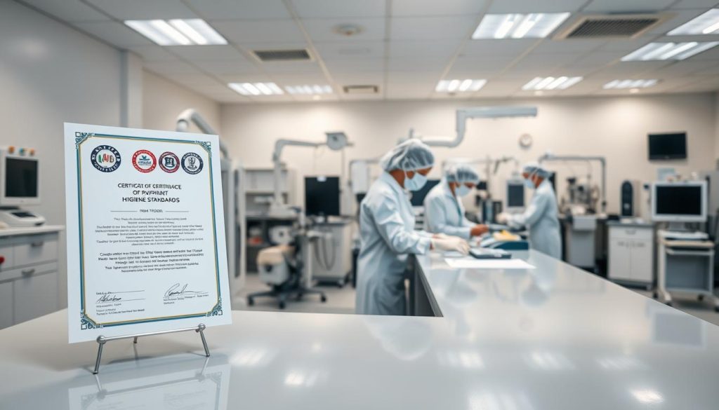 A pristine, well-lit medical facility with gleaming surfaces and modern equipment. The foreground showcases a certificate of compliance with rigorous hygiene standards, emblazoned with official seals and logos. In the middle ground, a team of professionals in crisp white coats, hair nets, and gloves, meticulously inspecting equipment and procedures. The background depicts a spotless workspace, filled with state-of-the-art technology and immaculate organization, conveying a sense of expertise and attention to detail. The overall atmosphere is one of professionalism, cleanliness, and a commitment to the highest quality of service.