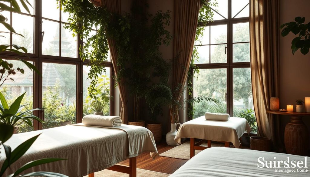 A serene Istanbul scene with a cozy massage studio nestled among lush greenery. Soft natural light filters through large windows, casting a warm glow on the plush massage tables and soothing decor. Calming essential oils diffuse in the air, while tranquil instrumental music plays in the background. The space exudes an atmosphere of relaxation and rejuvenation, inviting visitors to unwind and alleviate their stress through the skilled hands of experienced massage therapists. A serene Istanbul scene with a cozy massage studio nestled among lush greenery. Soft natural light filters through large windows, casting a warm glow on the plush massage tables and soothing decor. Calming essential oils diffuse in the air, while tranquil instrumental music plays in the background. The space exudes an atmosphere of relaxation and rejuvenation, inviting visitors to unwind and alleviate their stress through the skilled hands of experienced massage therapists.
