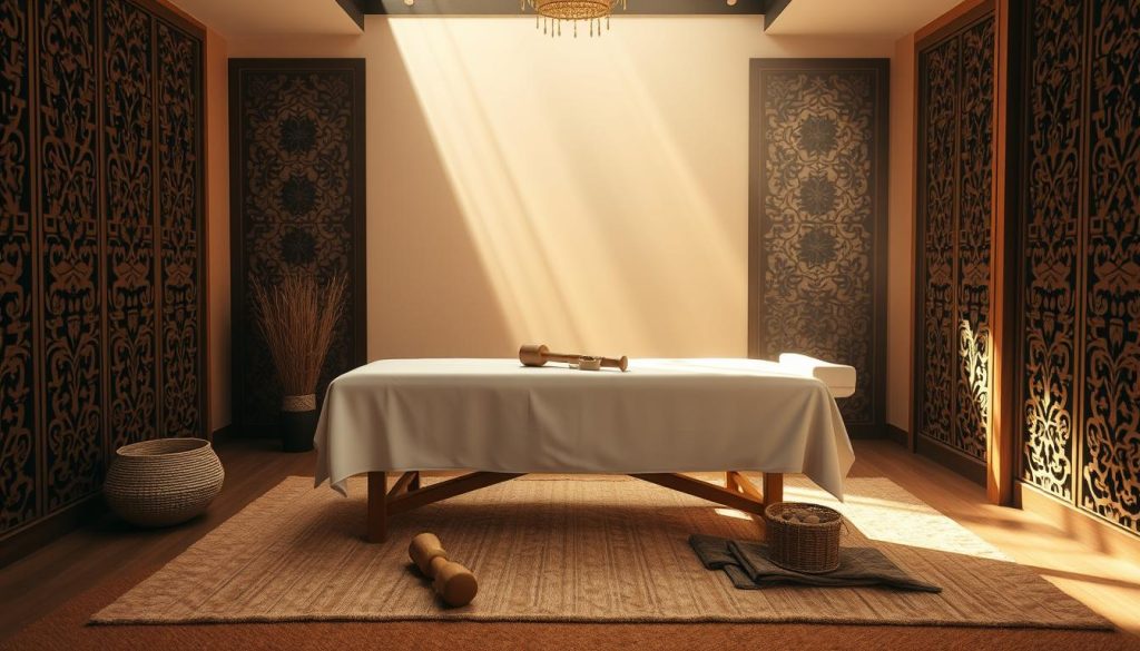 A serene Thai massage studio, bathed in warm, soft lighting. Intricate, carved wooden panels adorn the walls, casting gentle shadows. The floor is covered in plush, natural fibers, inviting tranquility. In the center, a massage table stands, its crisp, white linens beckoning relaxation. Surrounding it, an array of Thai massage tools - wooden mallets, fragrant oils, and woven mats - await their purpose. The atmosphere is one of restorative calm, where the mind and body can find harmony and flexibility.