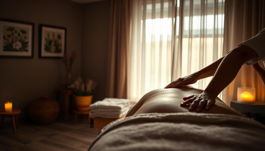 A serene and dimly lit massage studio, with soft lighting filtering through sheer curtains. On a wooden massage table, plush towels and natural oils are neatly arranged. The walls are adorned with soothing artwork and calming neutral tones, creating a tranquil atmosphere. In the foreground, a skilled massage therapist's hands gently work on a client's back, using long, flowing strokes to promote relaxation and pain relief. The scene exudes a sense of restorative healing and therapeutic touch, capturing the essence of "manuel terapi ve masaj" and its holistic benefits for health and wellbeing.