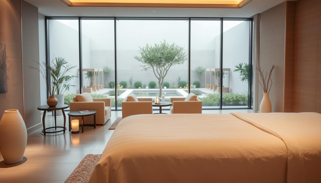 A serene and elegant spa setting in Ataşehir, Turkey. The foreground features a luxurious massage table draped in crisp white linens, surrounded by soft lighting and calming essential oil diffusers. In the middle ground, plush lounge chairs and side tables create a cozy, intimate atmosphere, while the background showcases floor-to-ceiling windows overlooking a tranquil garden oasis. The overall mood is one of relaxation, romance, and rejuvenation, perfectly capturing the essence of the Ataşehir spa experience.