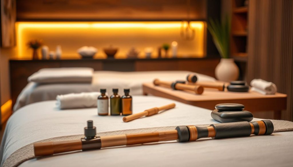 A serene and inviting scene showcasing various massage techniques. In the foreground, a tranquil massage table with plush linens and a selection of essential oils and lotions. The middle ground features an array of massage tools and implements, such as bamboo sticks, hot stones, and kneading rollers, arranged with care. The background setting is a cozy, dimly lit room with warm, soothing lighting, evoking a sense of relaxation and well-being. The overall atmosphere is one of professionalism, attention to detail, and a commitment to providing a premium massage experience.