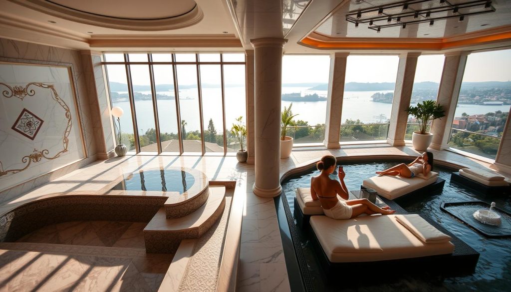 A serene and luxurious spa nestled atop Çamlıca Hill, overlooking the shimmering Bosphorus. Sunlight streams through large windows, illuminating the elegant marble interiors and lush greenery visible beyond. A spacious hamam with ornate tile patterns invites visitors to indulge in a rejuvenating steam session. In the adjacent spa, guests recline on plush loungers, gazing out at the captivating coastal panorama. Soft lighting, soothing scents, and the gentle sound of flowing water create a tranquil atmosphere, perfect for a relaxing day of pampering and wellness.