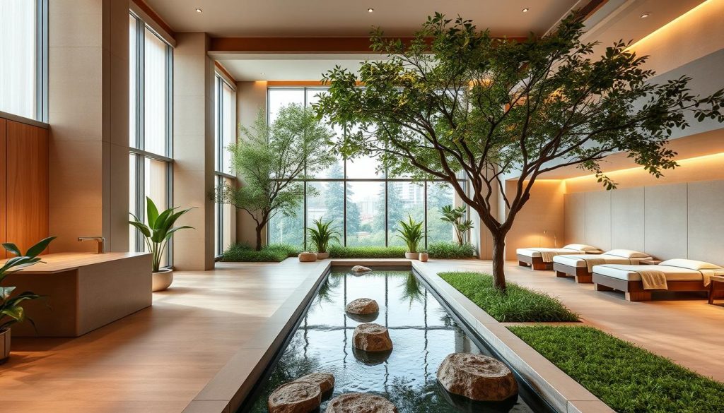 A serene and luxurious spa nestled in the heart of Beyoğlu, Istanbul. The Peninsula Spa exudes an atmosphere of tranquility, with its elegant, minimalist interior design featuring warm lighting, natural materials, and soothing color palettes. A large, airy reception area leads to private treatment rooms, each offering a unique wellness experience. Lush greenery and a calming water feature create a sense of escape from the bustling city outside. Soft, diffused lighting filters through large windows, casting a gentle glow across the space. The spa's high ceilings and clean, contemporary architecture evoke a sense of sophisticated relaxation, inviting guests to indulge in the ultimate pampering and rejuvenation.