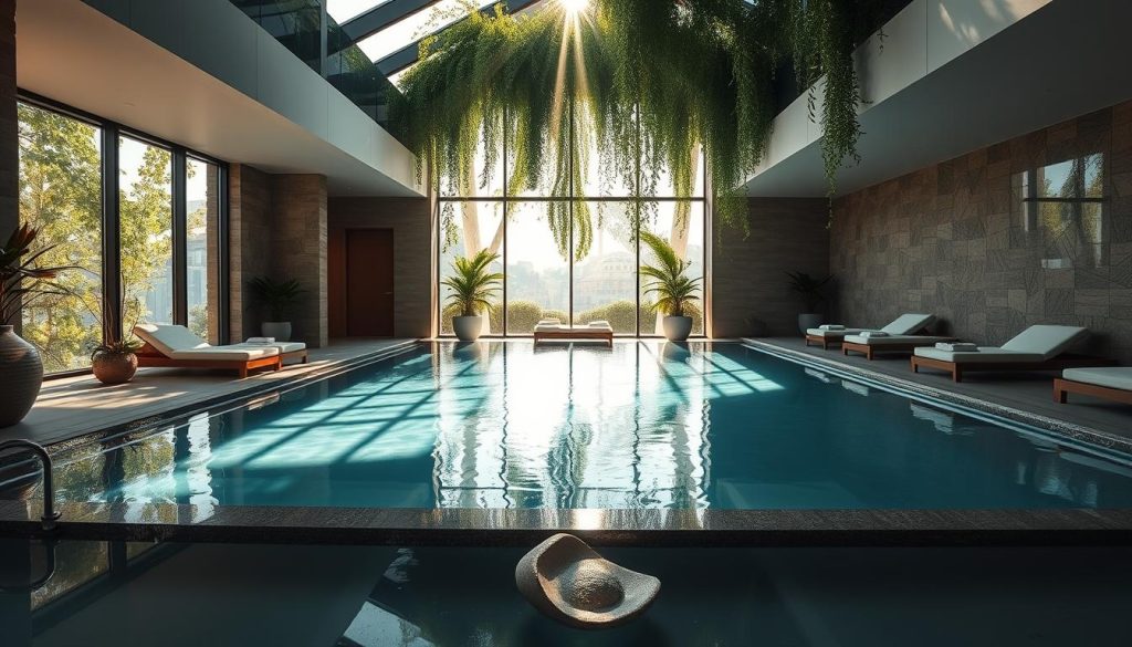 A serene and luxurious spa retreat nestled in the heart of Istanbul, featuring a harmonious blend of modern architecture and lush natural elements. Sunlight filters through floor-to-ceiling windows, casting a warm glow over the tranquil indoor pool and elegant treatment rooms. Clients indulge in rejuvenating massages, soothing facials, and holistic wellness rituals, surrounded by the soothing ambiance of natural stone, wood, and cascading greenery. The spa's sophisticated yet inviting atmosphere transports visitors to a haven of relaxation and revitalization, offering a truly exceptional self-care experience.