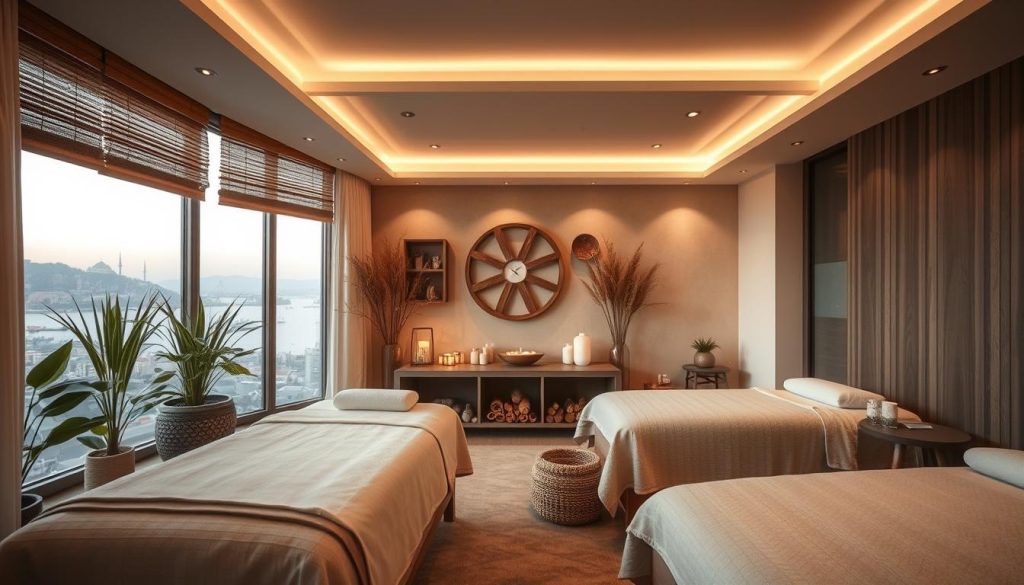 A serene and personalized massage parlor in Istanbul, featuring a cozy atmosphere with soft lighting, natural textures, and calming aromas. The foreground showcases an array of massage modalities, each tailored to different personality types - from soothing Swedish techniques to invigorating deep tissue, and relaxing aromatherapy massages. The middle ground depicts a tranquil, minimalist interior design with earthy tones and organic materials, creating a sense of harmony and well-being. The background subtly hints at the city's vibrant culture, with a glimpse of the iconic Bosphorus and a touch of Istanbul's architectural elegance. The overall scene conveys a personalized, restorative experience, catering to the unique needs and preferences of each individual. A serene and personalized massage parlor in Istanbul, featuring a cozy atmosphere with soft lighting, natural textures, and calming aromas. The foreground showcases an array of massage modalities, each tailored to different personality types - from soothing Swedish techniques to invigorating deep tissue, and relaxing aromatherapy massages. The middle ground depicts a tranquil, minimalist interior design with earthy tones and organic materials, creating a sense of harmony and well-being. The background subtly hints at the city's vibrant culture, with a glimpse of the iconic Bosphorus and a touch of Istanbul's architectural elegance. The overall scene conveys a personalized, restorative experience, catering to the unique needs and preferences of each individual.