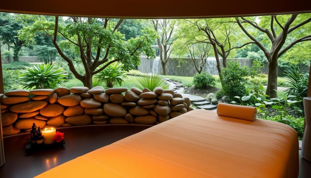 A serene and rejuvenating spa scene, bathed in warm, diffused lighting. In the foreground, a plush massage table with soft, white linens invites the viewer to indulge in a soothing treatment. Nearby, a tray of aromatherapy oils and a fluffy towel add to the tranquil ambiance. In the middle ground, a wall of smooth, river stones reflects the gentle glow, creating a sense of balance and harmony. The background features a panoramic view of a lush, verdant garden, with swaying trees and a babbling brook, evoking a connection to nature and a feeling of well-being.
