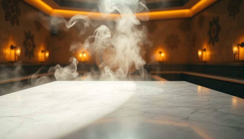 A serene and tranquil hammam scene, bathed in warm, diffused lighting. The focus is on the center of the frame, where a marble slab takes center stage, its smooth surface glistening with water droplets. Plumes of fragrant steam curl and drift, creating an atmospheric haze. In the background, intricate tile patterns adorn the walls, reflecting the centuries-old traditions of Turkish bathing rituals. The overall mood is one of relaxation, rejuvenation, and a deep connection to the restorative power of the hammam experience.