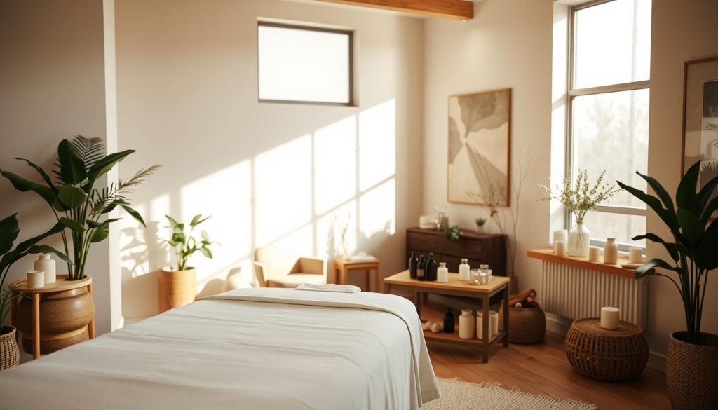 A serene and tranquil massage studio, filled with soft natural light filtering through large windows. The space is decorated with soothing earth tones, minimalist furniture, and calming botanical elements. In the foreground, a professional massage table stands ready, its crisp white linens inviting relaxation. Mid-ground, an array of massage oils, lotions, and aromatherapy candles are neatly arranged, hinting at the indulgent experience to come. The background features muted, abstract wall art and a subtle, calming color palette, creating an atmosphere of pure serenity and rejuvenation.