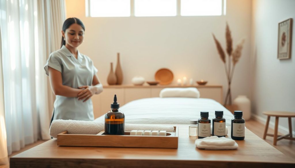 A serene and tranquil massage studio, filled with the warm glow of natural lighting. In the foreground, a professional masseuse with a calming demeanor and skilled hands, dressed in a clean, crisp uniform. The middle ground showcases an array of massage tools and oils, meticulously arranged on a sleek, wooden table. In the background, a soothing, minimalist decor with subtle earth-toned accents, creating a peaceful and rejuvenating atmosphere. The camera captures the scene from a slightly elevated angle, emphasizing the harmonious and welcoming ambiance of the space, perfectly suited for finding the right massage therapist. A serene and tranquil massage studio, filled with the warm glow of natural lighting. In the foreground, a professional masseuse with a calming demeanor and skilled hands, dressed in a clean, crisp uniform. The middle ground showcases an array of massage tools and oils, meticulously arranged on a sleek, wooden table. In the background, a soothing, minimalist decor with subtle earth-toned accents, creating a peaceful and rejuvenating atmosphere. The camera captures the scene from a slightly elevated angle, emphasizing the harmonious and welcoming ambiance of the space, perfectly suited for finding the right massage therapist.