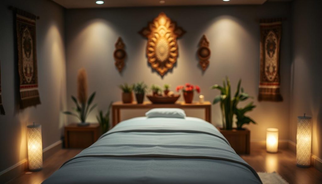 A serene and tranquil massage therapy studio in the Anadolu Yakası region of Istanbul, showcasing a calming and relaxing atmosphere. The scene depicts a dimly lit room with soft, diffused lighting, creating a soothing ambiance. In the foreground, a high-quality massage table is positioned, with clean, crisp linens and plush pillows, inviting the viewer to imagine the restorative experience. The middle ground features traditional Turkish design elements, such as ornate wall hangings and potted plants, adding to the cultural authenticity. The background is hazy and blurred, emphasizing the focus on the massage table and the overall sense of escape from the bustling city outside. The image conveys a feeling of mental and physical rejuvenation, perfectly capturing the essence of the article's subject.