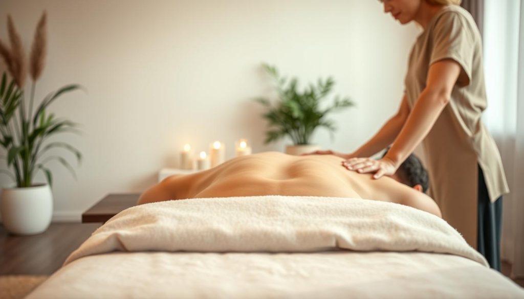 A serene and tranquil scene of a massage therapy session, with a calming and soothing atmosphere. The foreground features a massage table with soft, plush linens and a massage therapist's hands gently working on a client's back, their faces not visible. The middle ground showcases elements of relaxation, such as a potted plant, a candle, and calming incense. The background depicts a minimalist, zen-inspired interior with muted tones, soft lighting, and a sense of openness and peacefulness, conveying the psychological benefits of massage therapy. The image should evoke a sense of rejuvenation, stress relief, and overall mental well-being.
