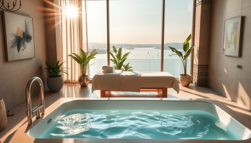 A serene and tranquil spa scene set in Istanbul, Turkey. Sunlight filters through large windows, casting a warm glow over the luxurious treatment room. In the foreground, a sleek and modern bathtub filled with crystal-clear seawater, its surface gently rippling. On the walls, minimalist abstract artwork and natural stone accents create a calming ambiance. The middle ground showcases a plush massage table adorned with soft linens, ready to provide a soothing and rejuvenating experience. In the background, lush potted plants and a panoramic view of the Bosphorus Strait complete the idyllic spa setting, inviting visitors to indulge in the restorative powers of the sea.