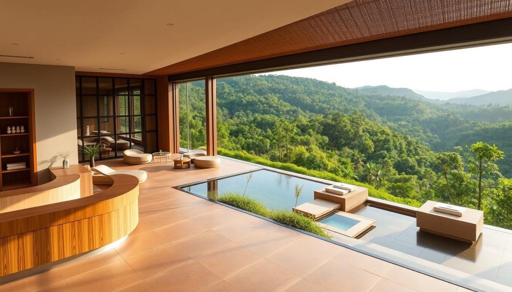 A serene and tranquil wellness center overlooking a lush, verdant landscape. The foreground features a modern, minimalist reception area with sleek, wooden furnishings and a welcoming, natural-toned color palette. The middle ground showcases an expansive, well-appointed spa facility, complete with cozy treatment rooms, soothing water features, and luxurious, textured fabrics. The background depicts a panoramic view of the surrounding hills and forests, bathed in soft, natural lighting that filters through large, floor-to-ceiling windows. The overall atmosphere exudes a sense of calming, restorative well-being.