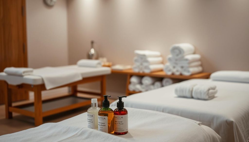 A serene and well-lit massage studio, with crisp white linens and polished wooden tables. Soft lighting illuminates the space, creating a calming ambiance. In the foreground, a variety of massage oils and lotions are neatly arranged, reflecting the commitment to hygiene and professional standards. The middle ground showcases an array of clean towels, freshly laundered and folded, ready to be used during the massage session. In the background, a soothing, neutral-toned wall provides a simple, uncluttered backdrop, allowing the focus to remain on the massage experience. The overall scene conveys a sense of tranquility, cleanliness, and attention to detail, reflecting the high standards expected in a professional massage setting.