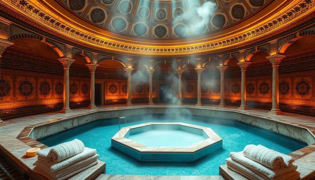 A serene, centuries-old Turkish bath (Hamam) nestled in the heart of Istanbul, Firuze Hamam. The grand, domed structure is illuminated by warm, golden lighting, casting a tranquil glow upon the ornate tiles and marble surfaces. The centrally-positioned, octagonal plunge pool reflects the intricate architectural details overhead. Steam wisps through the air, creating an atmosphere of relaxation and rejuvenation. Plush, traditional washcloths and soaps are neatly arranged, inviting visitors to indulge in the time-honored rituals of this restorative spa experience. The scene evokes the rich history and cultural heritage of Istanbul's renowned wellness and self-care traditions. A serene, centuries-old Turkish bath (Hamam) nestled in the heart of Istanbul, Firuze Hamam. The grand, domed structure is illuminated by warm, golden lighting, casting a tranquil glow upon the ornate tiles and marble surfaces. The centrally-positioned, octagonal plunge pool reflects the intricate architectural details overhead. Steam wisps through the air, creating an atmosphere of relaxation and rejuvenation. Plush, traditional washcloths and soaps are neatly arranged, inviting visitors to indulge in the time-honored rituals of this restorative spa experience. The scene evokes the rich history and cultural heritage of Istanbul's renowned wellness and self-care traditions.