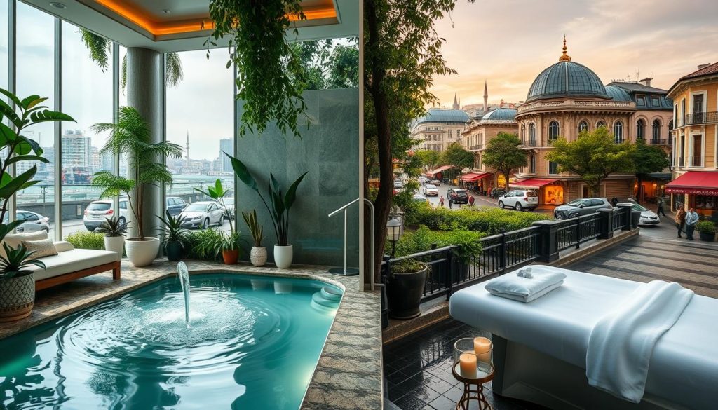 A serene comparison of spa and massage center locations across the European and Asian sides of Istanbul. Capture the essence of both neighborhoods with a focus on the relaxing ambiance and high-quality services. Depict a lush, verdant scene featuring a beautifully appointed spa interior with soft lighting, plush furnishings, and soothing water features. Contrast this with an exterior view showcasing the distinct architectural styles and bustling energy of each side of the city. Employ a cinematic, wide-angle lens to convey a sense of scale and environment. The overall mood should be one of tranquility and indulgence, inviting the viewer to imagine the rejuvenating experience of enjoying a massage in these different Istanbul locales. A serene comparison of spa and massage center locations across the European and Asian sides of Istanbul. Capture the essence of both neighborhoods with a focus on the relaxing ambiance and high-quality services. Depict a lush, verdant scene featuring a beautifully appointed spa interior with soft lighting, plush furnishings, and soothing water features. Contrast this with an exterior view showcasing the distinct architectural styles and bustling energy of each side of the city. Employ a cinematic, wide-angle lens to convey a sense of scale and environment. The overall mood should be one of tranquility and indulgence, inviting the viewer to imagine the rejuvenating experience of enjoying a massage in these different Istanbul locales.