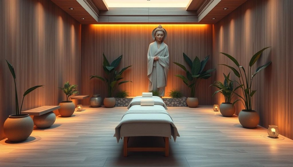 A serene, contemporary spa setting where traditional and modern massage techniques seamlessly converge. Warm-toned lighting casts a soft, inviting glow across natural wood and stone surfaces. Lush, verdant plants create a tranquil, earthy ambiance. Massage tables are strategically positioned, their clean lines and minimalist design exuding a sense of harmony. The space radiates a calming, holistic energy, inviting visitors to experience the perfect fusion of ancient wisdom and modern wellness.