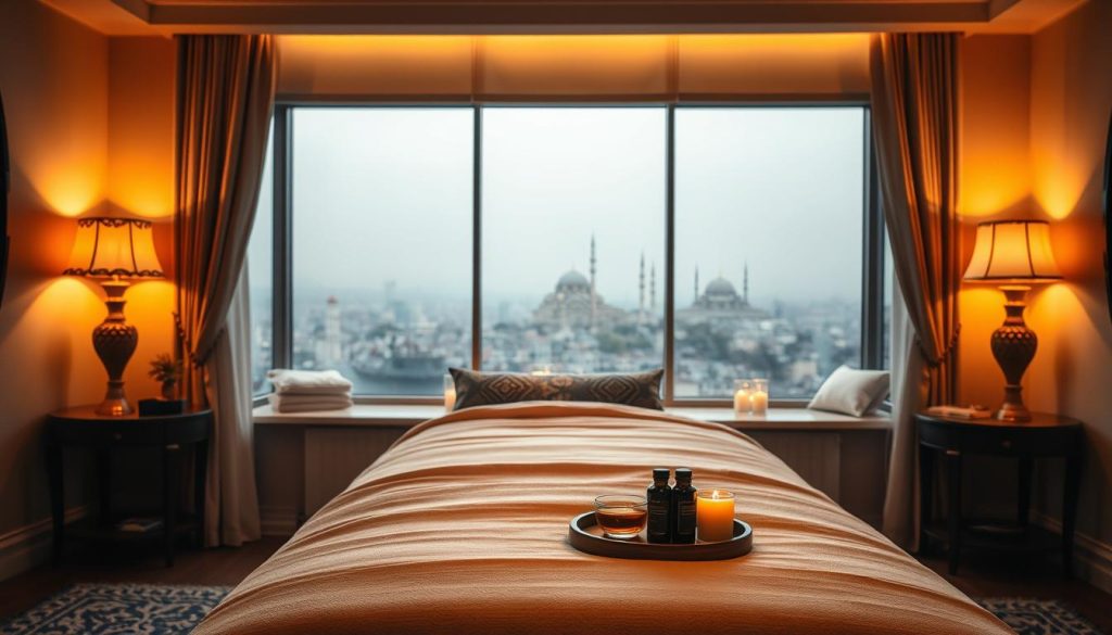 A serene, dimly lit bedroom with plush bedding and soft, warm lighting. In the foreground, a massage table draped in luxurious linens, surrounded by soothing aromatherapy candles and a tray of massage oils. In the background, a large window overlooking the iconic skyline of Istanbul, hazy and dreamlike. Subtle hints of Turkish decor, such as ornate lamps and patterned fabrics, create a tranquil, spa-like atmosphere. The overall mood is one of relaxation, restoration, and relief from the stresses of daily life. A serene, dimly lit bedroom with plush bedding and soft, warm lighting. In the foreground, a massage table draped in luxurious linens, surrounded by soothing aromatherapy candles and a tray of massage oils. In the background, a large window overlooking the iconic skyline of Istanbul, hazy and dreamlike. Subtle hints of Turkish decor, such as ornate lamps and patterned fabrics, create a tranquil, spa-like atmosphere. The overall mood is one of relaxation, restoration, and relief from the stresses of daily life.