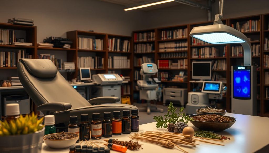 A serene, dimly lit laboratory setting showcasing various alternative therapy research tools and devices. In the foreground, a high-tech massage chair and an array of essential oils, herbs, and acupuncture needles. In the middle ground, diagnostic equipment such as an EEG machine, a thermal imaging camera, and a light therapy device. The background features bookshelves filled with medical journals and scientific reports on alternative medicine efficacy. The overall atmosphere conveys a sense of scientific inquiry and exploration into the potential benefits of holistic healing modalities.