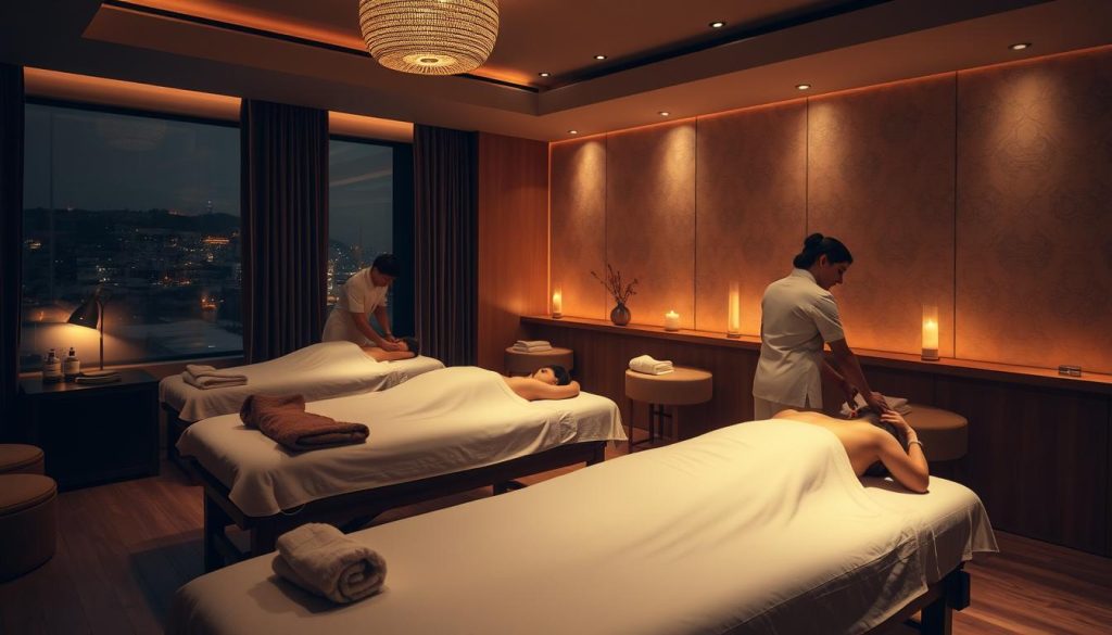 A serene, dimly lit massage studio in the heart of Istanbul, with soft-lit massage tables and plush, earthy-toned furnishings. Professional masseuses in crisp white uniforms perform soothing, therapeutic techniques on relaxed clients, their skilled hands working to alleviate tension and promote well-being. The space is infused with the calming aromas of essential oils, creating a tranquil atmosphere conducive to deep relaxation. Warm, diffused lighting casts a gentle glow, while large windows offer glimpses of the bustling city outside, heightening the sense of escape and rejuvenation within.