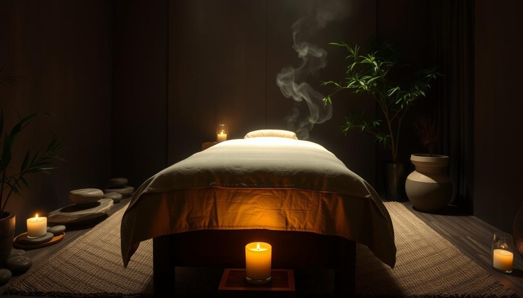 A serene, dimly lit massage studio, with soft lighting casting gentle shadows across the room. The focus is on a massage table surrounded by soothing, earthy tones and natural textures, such as smooth river stones, bamboo, and lush greenery. The table is adorned with plush, inviting linens, conveying a sense of comfort and relaxation. Subtle details, like the glow of a candle or the steam from a diffuser, create a calming, spa-like atmosphere. The composition emphasizes the tranquility and restorative power of the massage techniques, inviting the viewer to imagine the soothing and rejuvenating experience.