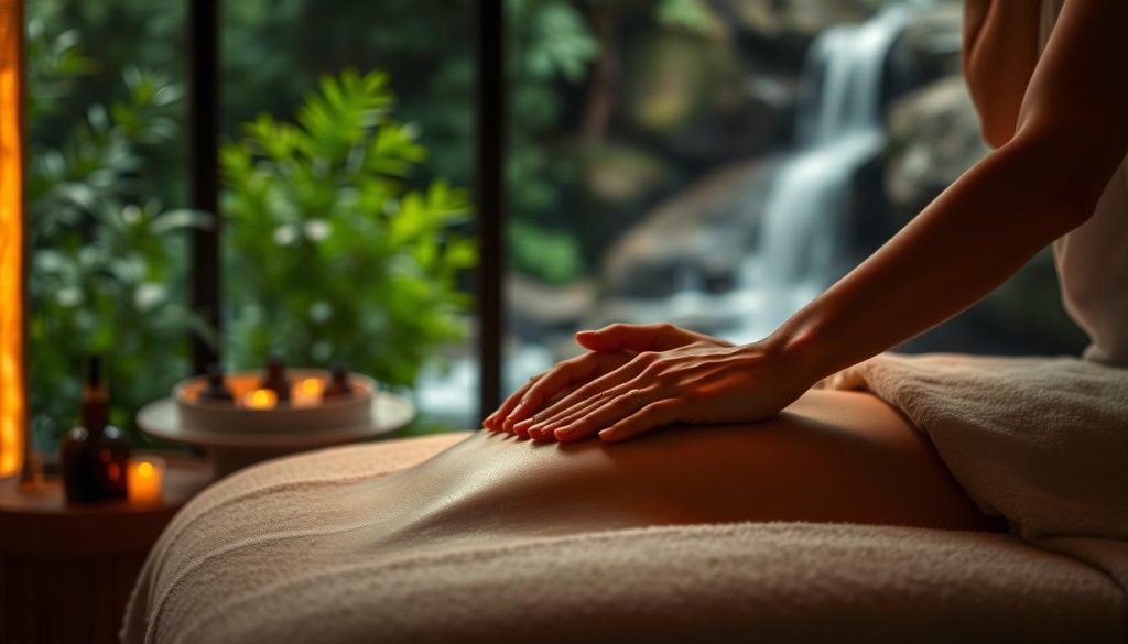 A serene, dimly lit massage therapy room. Soft, warm lighting casts a gentle glow on the table, where delicate hands knead and caress the body, promoting relaxation and boosting the immune system. The scent of soothing essential oils permeates the air, creating a tranquil atmosphere. In the background, lush, verdant foliage and a calming waterfall scene evoke a sense of harmony and balance. The massage therapist's movements are fluid and purposeful, conveying the profound connection between touch and the body's natural defenses.